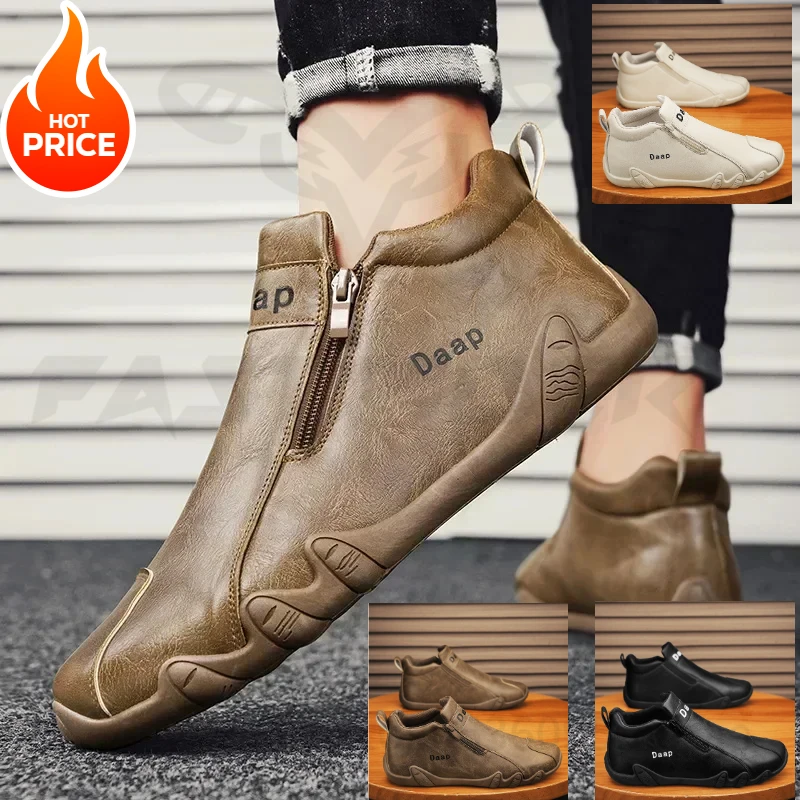 Men Leather Shoes Luxury Designer Slip on Loafers Ankle Casual Boots with Zipper Comfortable Formal Dress Flats Driving Moccasin