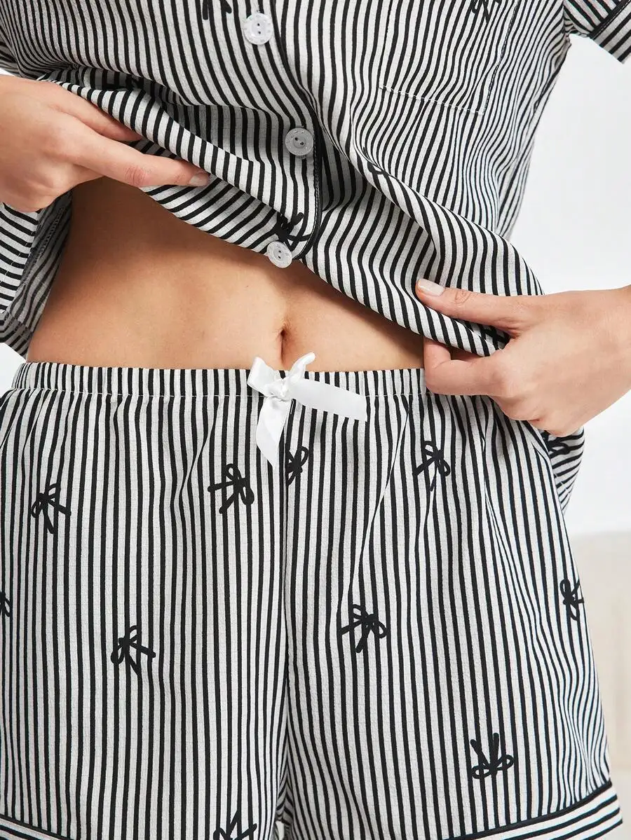 

2-Piece Striped Button-Down Short Sleeve Top And Bow-Printed Shorts Pajama Set For Women