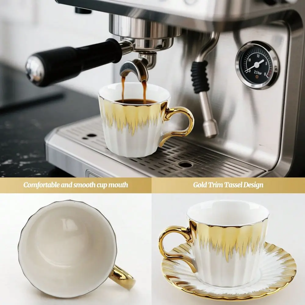 

Turkish Coffee Cup Set With Saucers 3.5 Oz Ceramic, Gold Trim