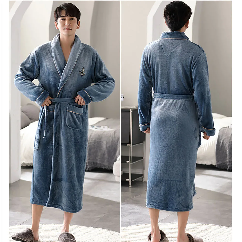 Robe de banho Terry masculino, flanela grossa, quente, longo, solto, macio, bordado de luxo, roupão, outono, inverno