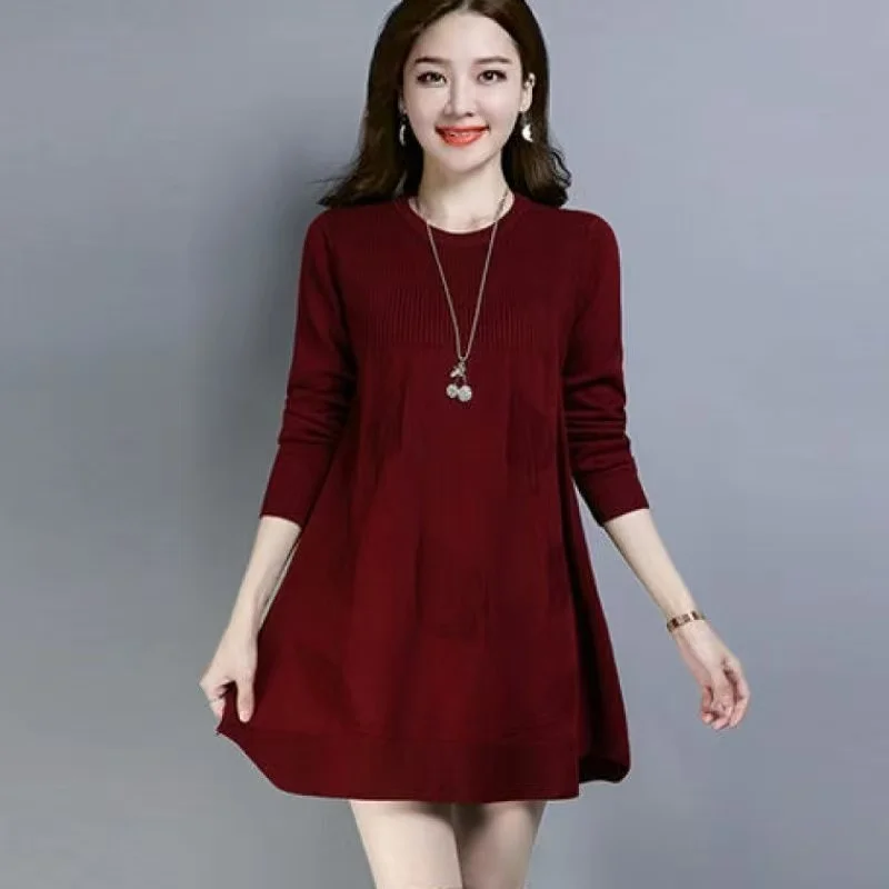Spring Autumn Women's Clothing Loose Short Sweater Dress Printed Vintage Middle Aged Mother Pullover Tops Winter Knitwear Blouse