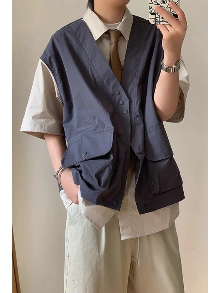 

Повседневный японский ретро Cityboy сращенный жилет рубашка с коротким рукавом для мужчин и женщин летняя рабочая одежда модная унисекс поддельные 2 шт.