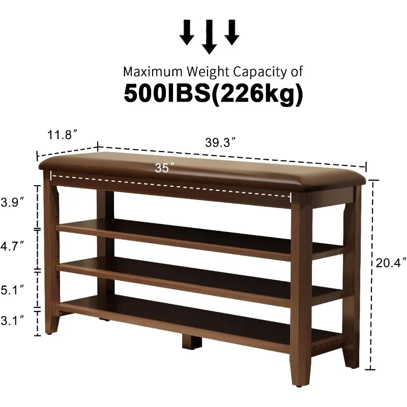 home.Shoe Bench with Leather Cushion, 3 Tiers Shoe Storage Bench Height Adjustable, Mudroom