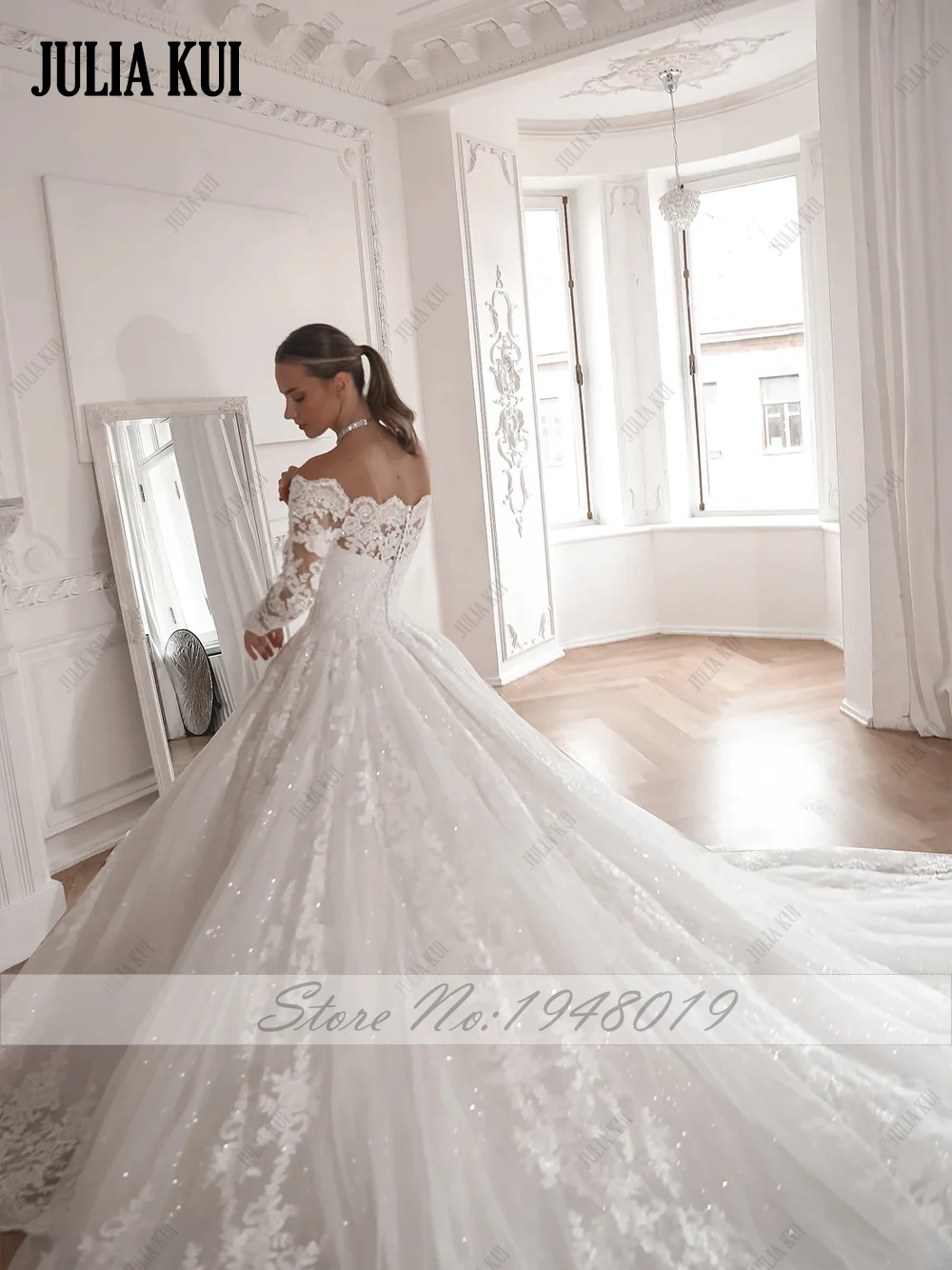Julia Kui, выполненное на заказ элегантное бальное платье с открытыми плечами и вырезом лодочкой, свадебные платья, блестящие кружевные пышные платья невесты с длинными рукавами