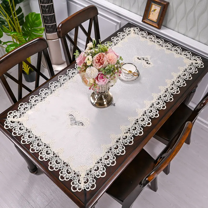 Rectangle Tablecloth White Table Cloth American Embroidered Coffee Tea Table Cover Living Room flower Solid Fabric Lace Book