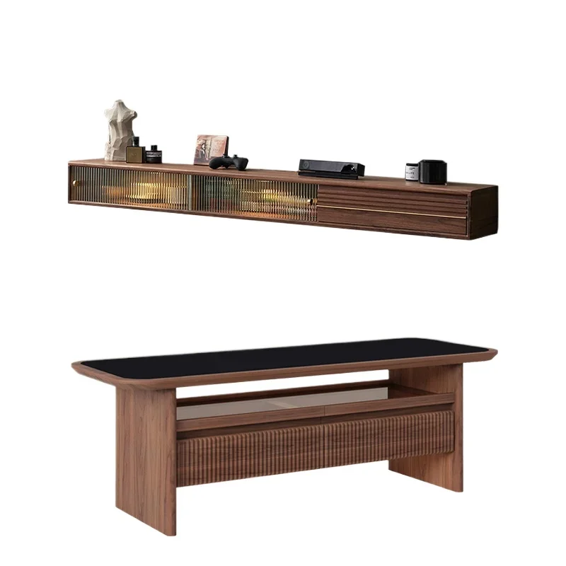 

1 Solid wood coffee table TV cabinet combination living room household black walnut rock slab tea table light luxury small table