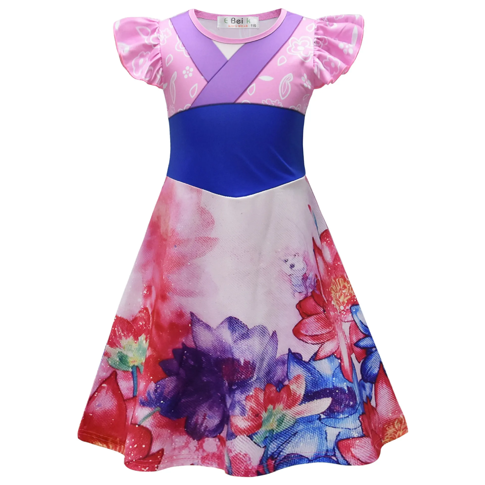 2024 Chinese Style Mulan Casual Dress Cartoon Antique Lotus Print Girls Skirt Flying Sleeve Son Girls Casual Dresses