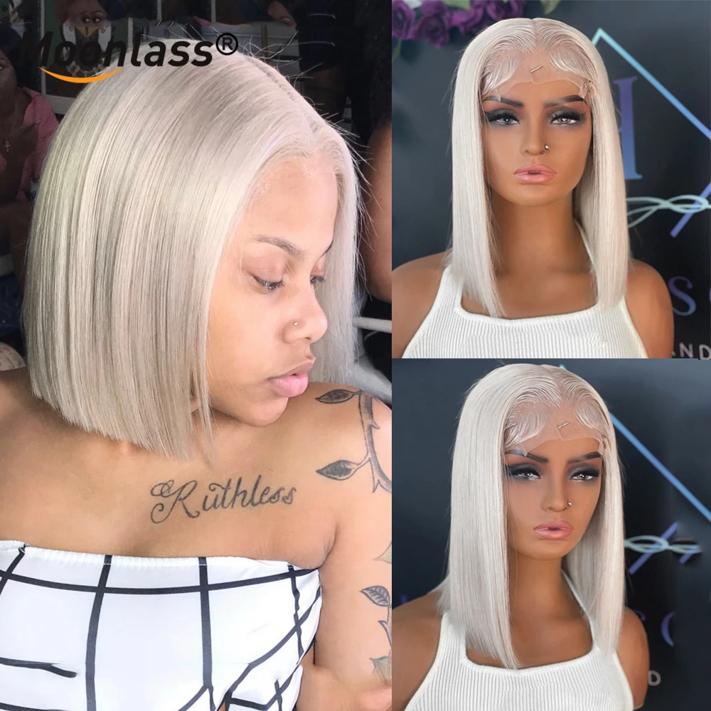 

Short Ice Platinum Blonde Bob 5X5 Lace Closure Wig 100% Human Hair Preplucked Transparent 180 Density Pixie Cut Glueless Wigs