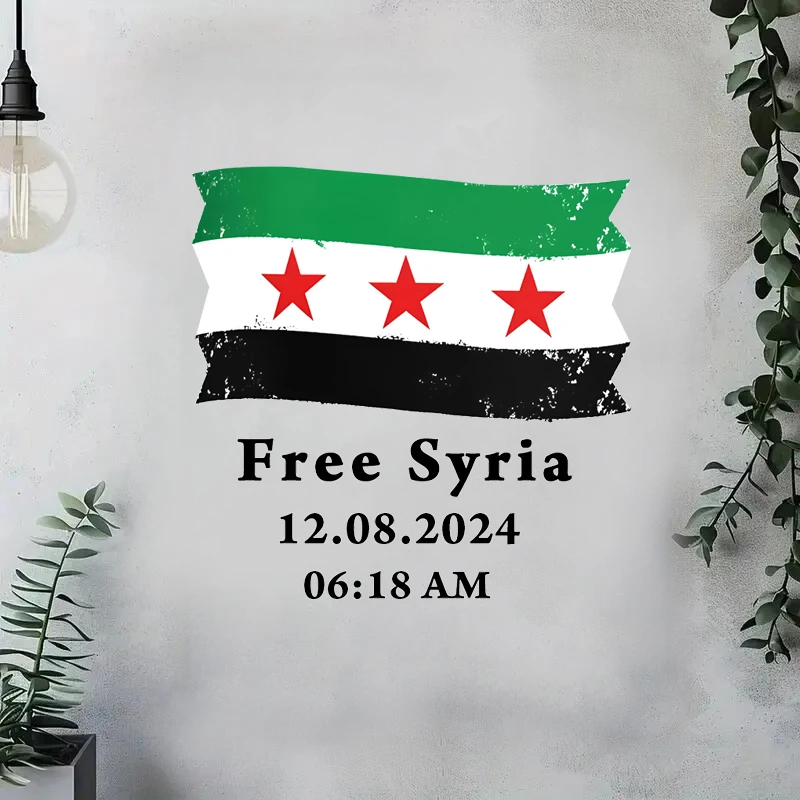 

Syria Flag with Text Free Syria, 08/12/2024 Wall Decal Self-Adhesive Stickers for Living Room, Bedroom, Fridge,Window, Car