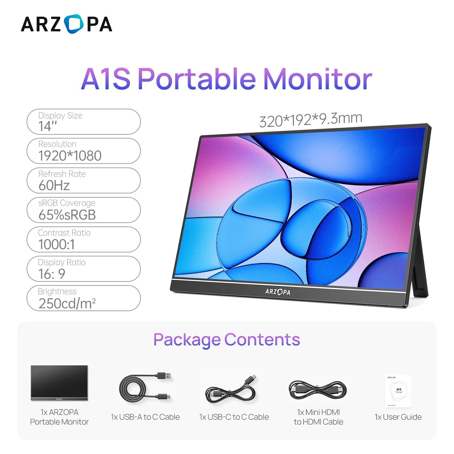 ARZOPA 14 Zoll 1080P FHD IPS tragbarer Monitor mit USB C HDMI externem zweitem Bildschirm für Mac/Laptop/PC/Switch/PS/Xbox A1S 3