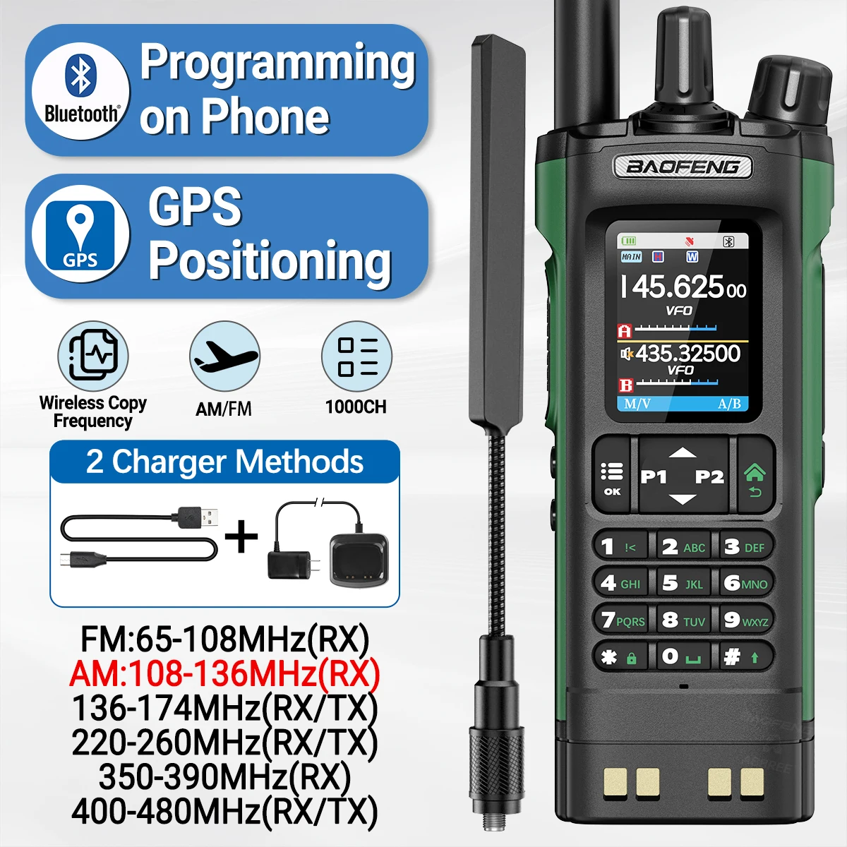 BAOFENG UV-32 GPS Walkie Talkie 10W Wielopasmowe programowanie Bluetooth Bezprzewodowa częstotliwość kopiowania NOAA Szerokokątne dwukierunkowe radio Ham