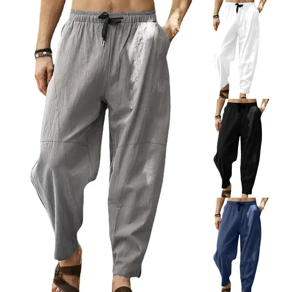 Men Pants Casual Breathable Straight Men Trousers Solid Color Elastic Waist Drawstring Harem Pants For Daily Wear