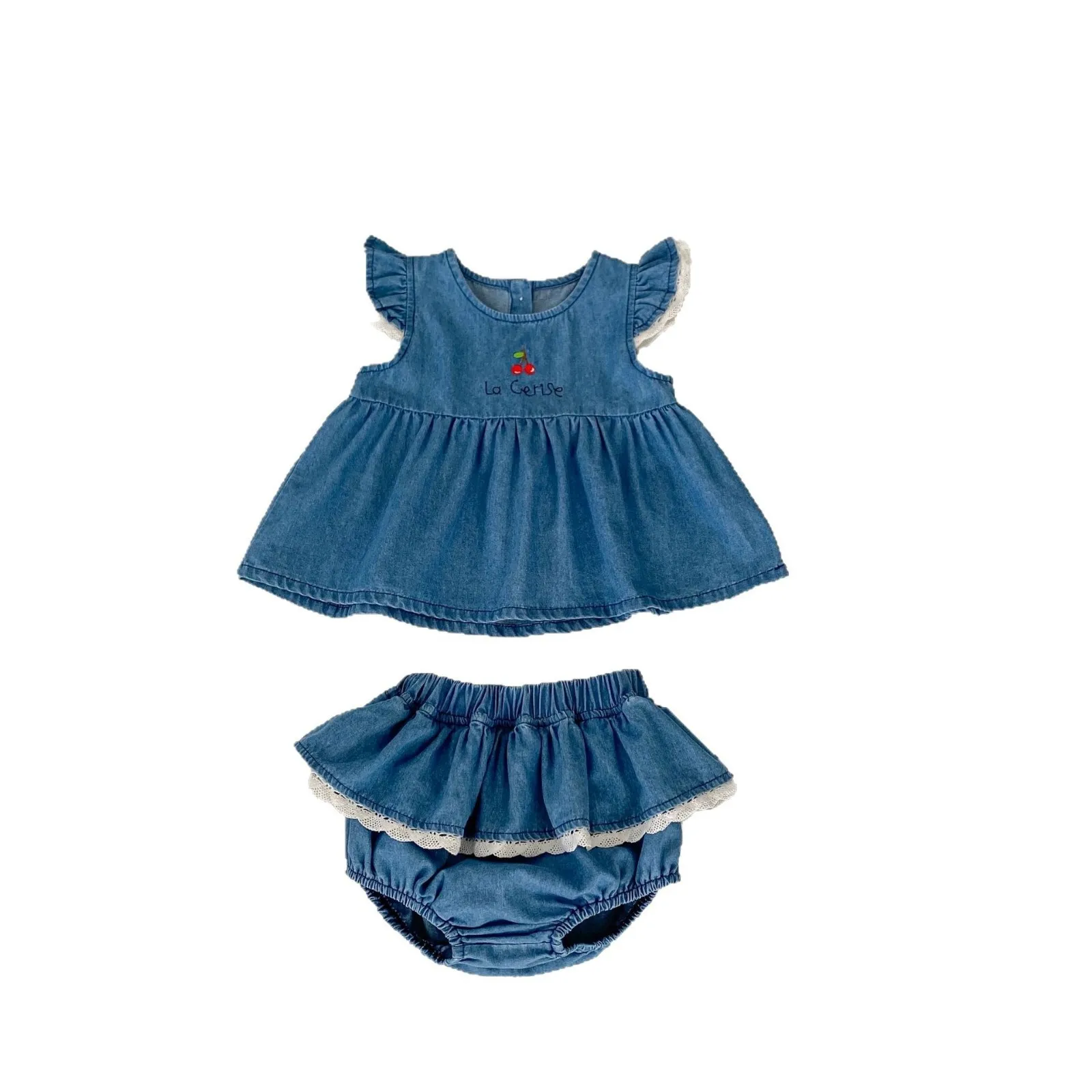 Baby Cowboy Pure Cotton Set 0-3 Year Old Female Baby Split Two Piece Set Cherry Embroidered Cowboy Clothes