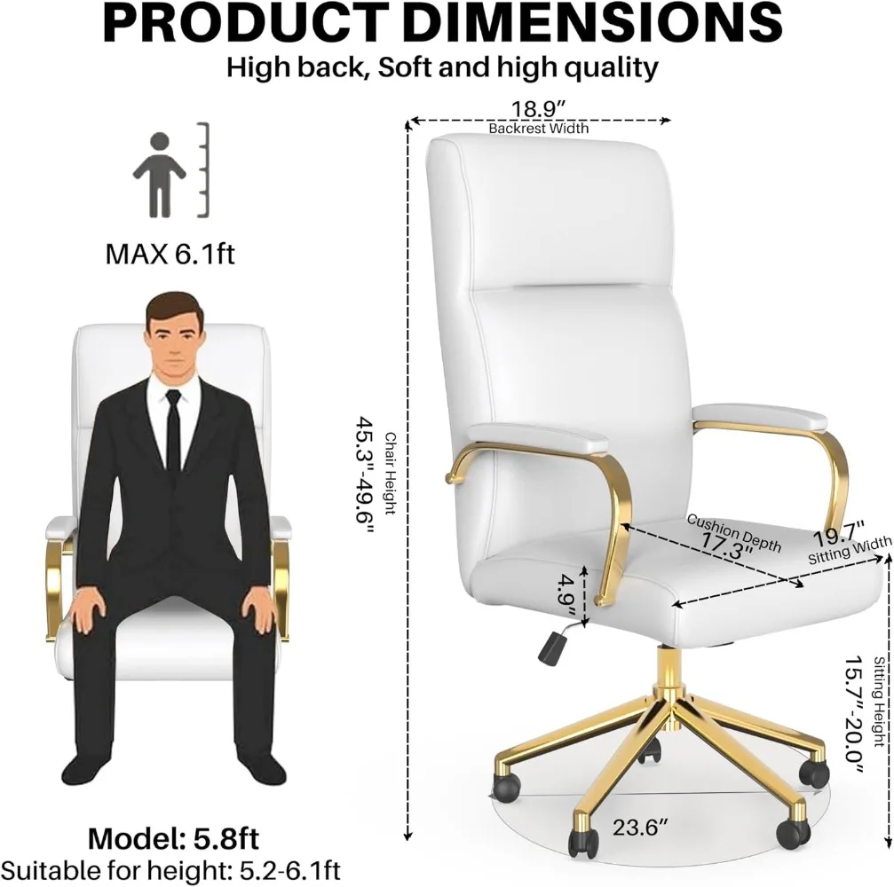 White and Gold Office Chair, High Back Office Chair for Women, Modern Desk Chair Comfy with Arms, Leather Executive with Wheels