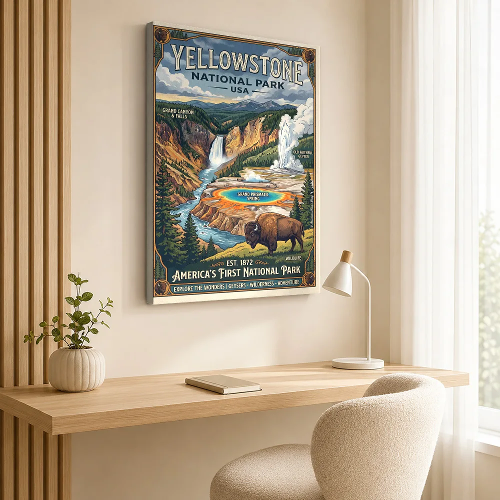 Yellowstone National Park Vintage Canvas Print Poster Custom Travel Landscape Wall Art for Bedroom Hallway Decor Ready to Hang