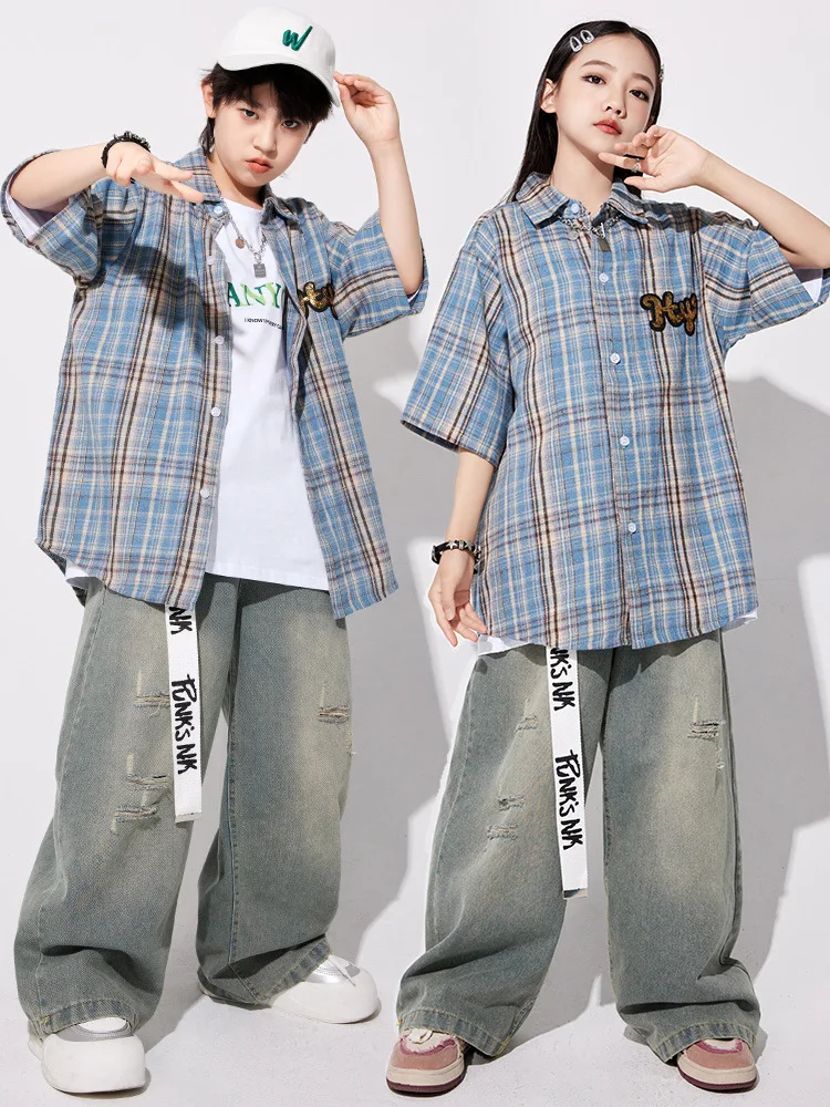 Stroje Hip Hopowe Japońska Krata Koszula Vintage Podarte Jeansy Dziewczęce Zestawy do Tańca Ulicznego K-pop Chłopięca Odzież Streetwear Kostiumy Jazzowe dla Dzieci