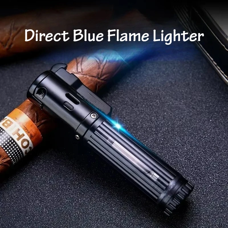 New Grinding Wheel Blue Flame Windproof Metal Direct Injection Lighter Personality Lighter Cigar Ignition Tool Men's Gift