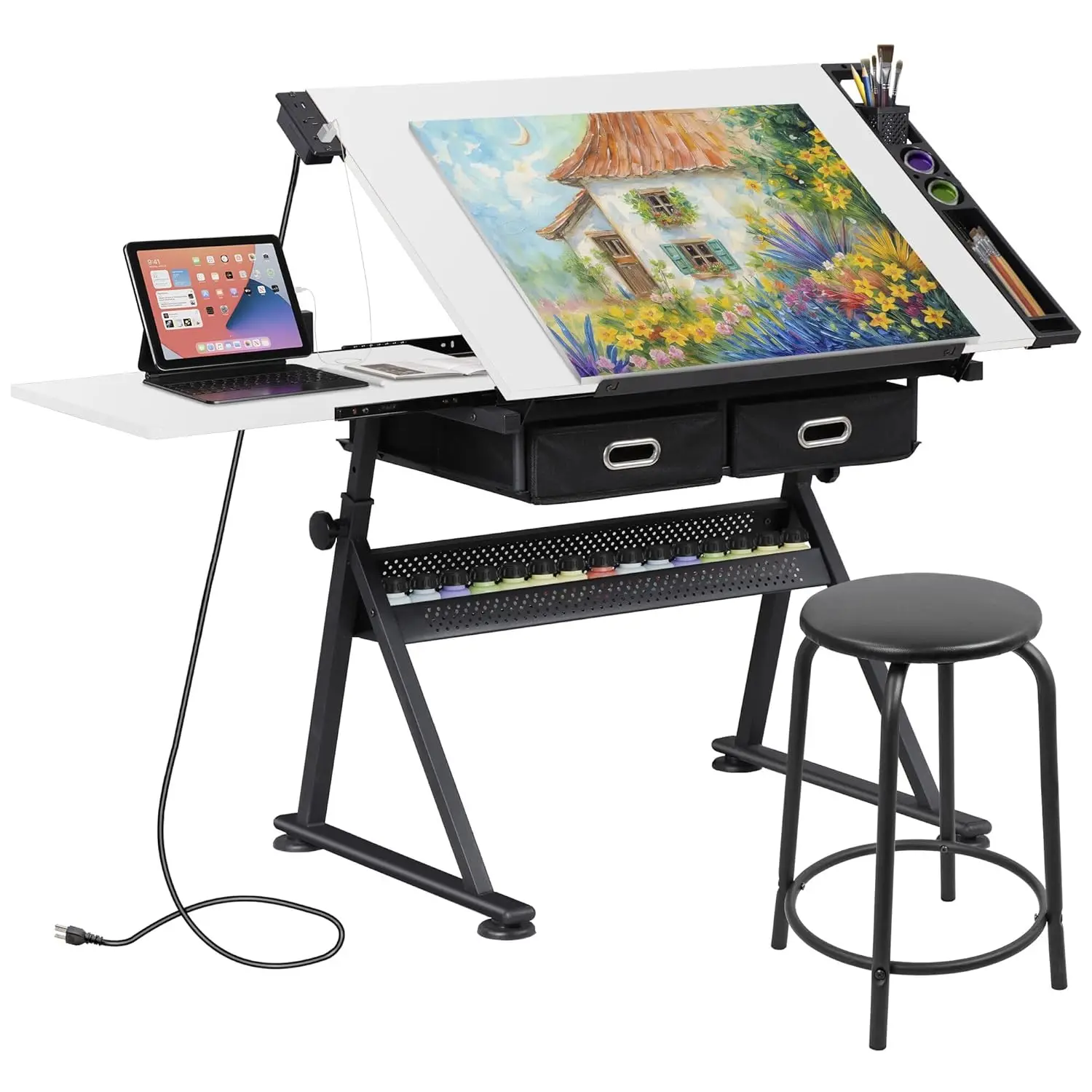 

Adjustable Drafting Table with Stool, Tilting Drawing Desk Artist Table with Storage Drawers, Art Craft Workstation, Customized