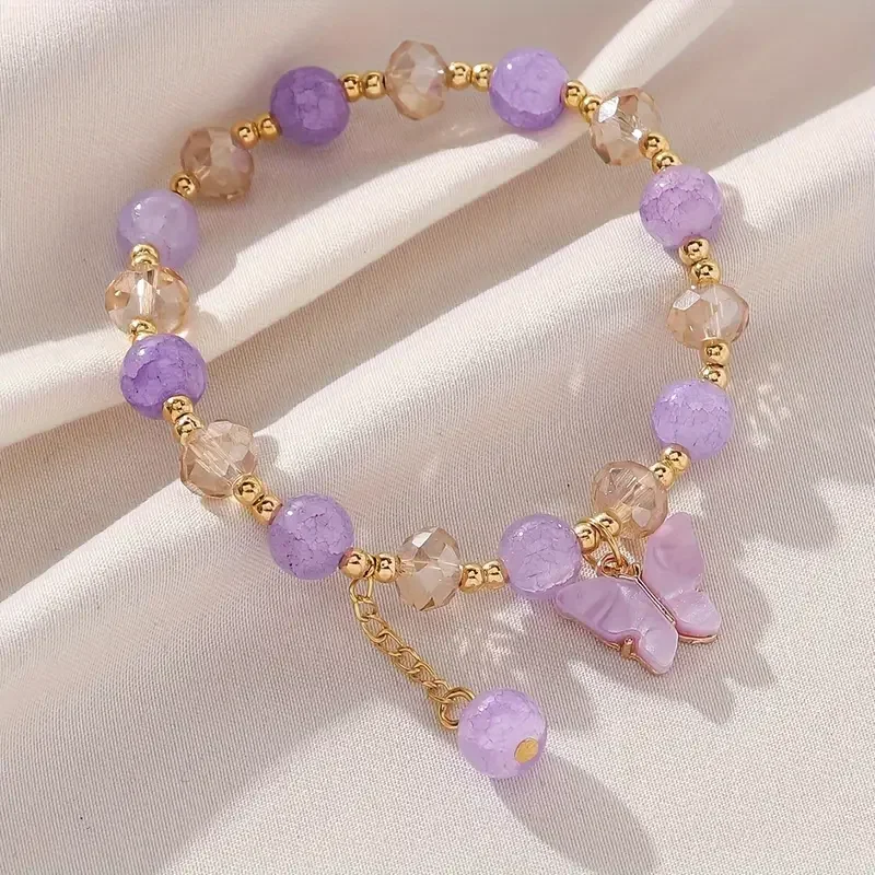 Purple Butterfly Charm Beaded Stretch Bracelet For Women Multi Color Crack Faceted Beads Round Charm Cute Girls Jewelry Gift