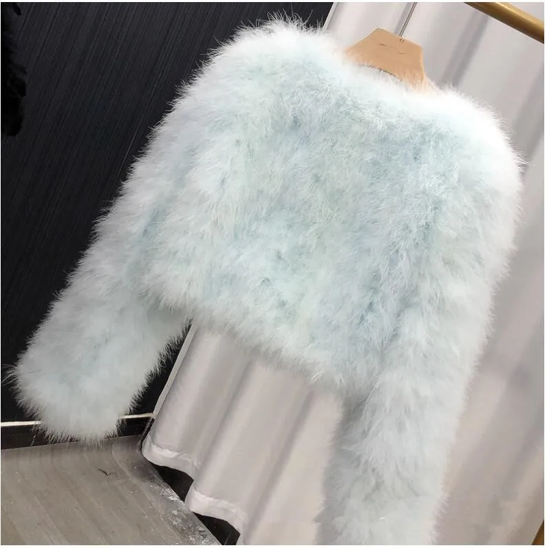 Long Sleeve Women Winter Real Ostrich Feather Jacket Fluffy Warm Party Evening Coat