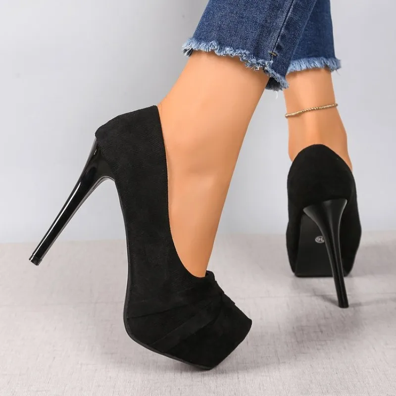 Frühjahr 2026 Damenmode Große Größen High Heels Schwarze Slip-On Schuhe mit Dünnem Absatz Samtoberfläche Prinzessinnen-Stil Runde Spitze – Detail 7