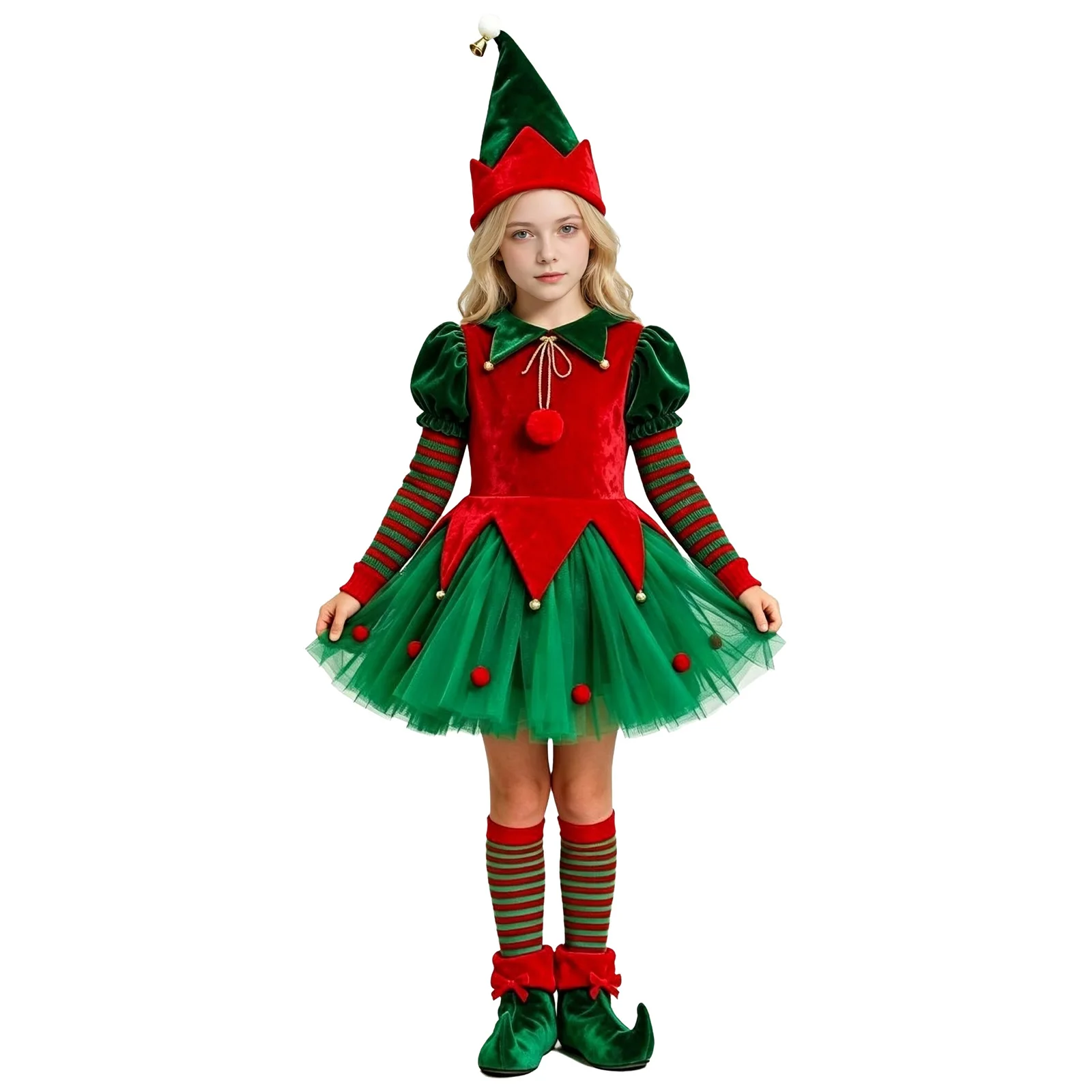 Kids Girls Christmas Santa Elf Costume Long Sleeves Velvet Bodice Tulle Dress with Hat Socks Shoe Covers for Xmas Party Cosplay