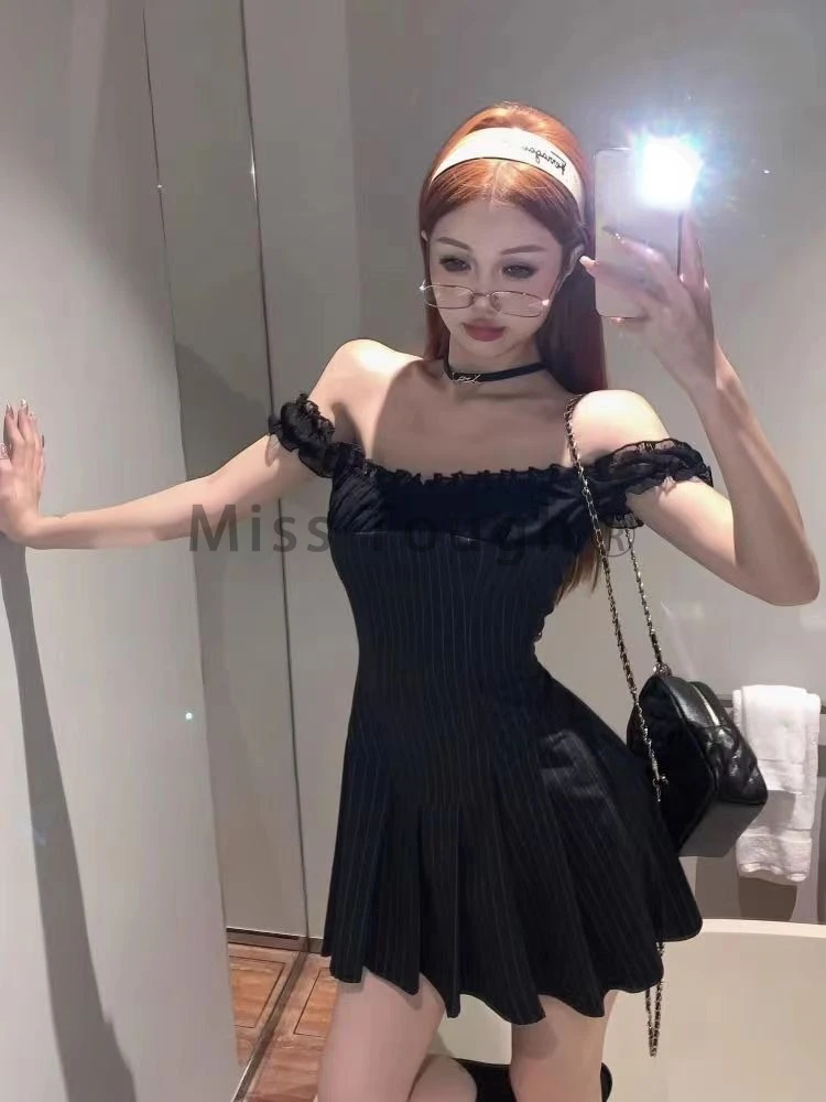 Vintage Stripped Lace Pleated Strap Dress Women 2024 Y2k American Short Dresses Fashion Chic Short Sleeve Streetwear Clothing