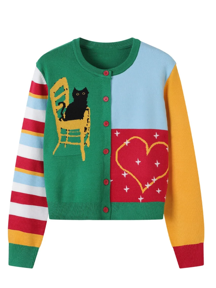 

Women's Clothes Vintage Autumn Loose O Neck Long Sleeve Knitted Sweater Fashion Contrast Color Patchwork Cartoon Print Cardigan