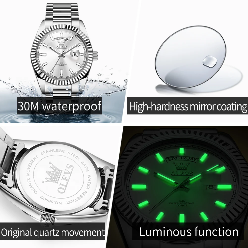 OLEVS ساعات رجالية جديدة تقويم من الفولاذ المقاوم للصدأ مقاوم للماء ساعة رجالية مضيئة أنيقة فاخرة ساعة كوارتز أصلية للرجال 5650