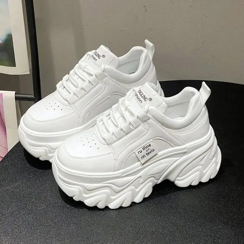 White Black Chunky Sneakers Women Spring Autumn Thick Bottom Shoes Woman\'s Fashion PU Leather Platform Sneakers Ladies Lace-up