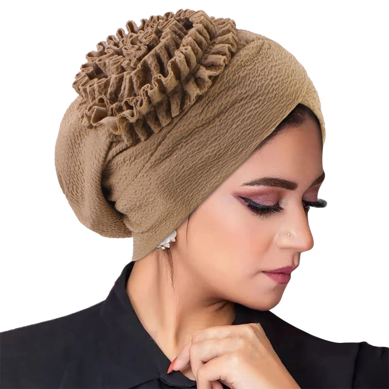 

New Ethnic Flower Turban Hats Muslim Pleated Chemo Cap Vintage Head Wrap Hat Elastic Beanie Headwrap Ladies Bandana Head Cover