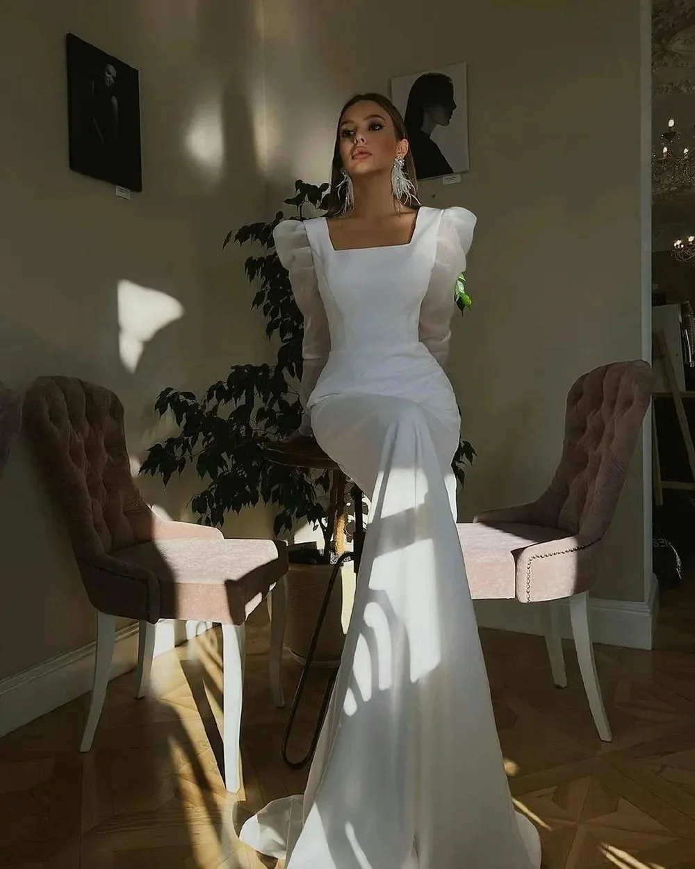 Abiti da sposa classici in raso abito da sposa con scollo quadrato a maniche a sbuffo a sirena con bottone personalizzabile per misurare Robe De Mariee