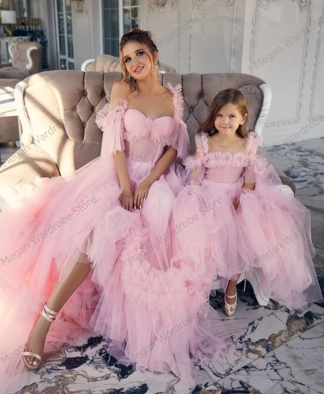 Princess Sweet Pink Hi Low Ruffled Tulle Dresses Mother And Daughter Pleated Puffy Long Birthday Party Dress To Photo Shoot