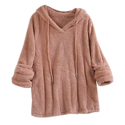 Women Hoodie Pullover Casual Solid Color Plush Hooded Sweatshirt Long Sleeve Blouse Polar Fleece Tops Keep Warm Sweater Autumn