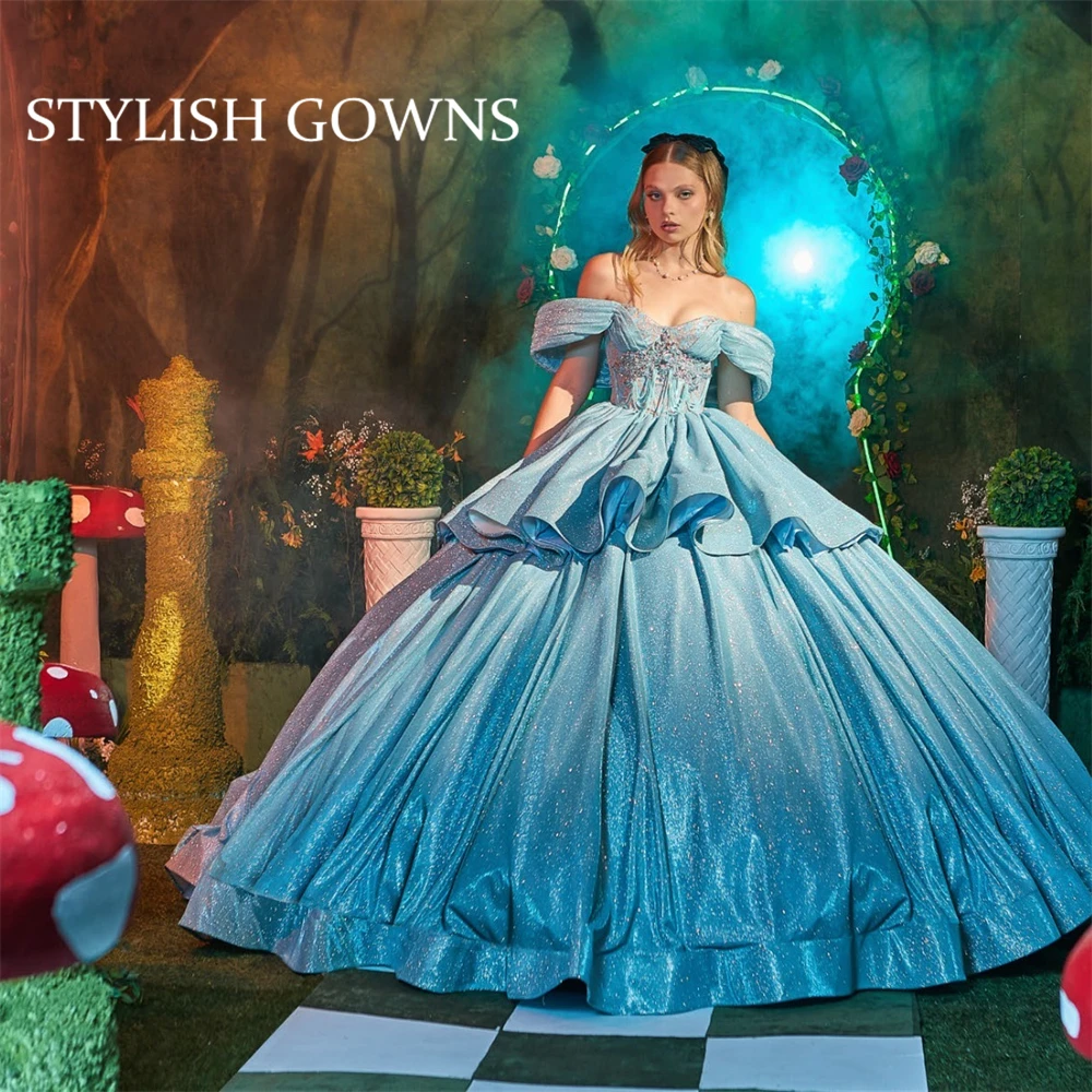 

Blue Off Shoulder Ball Gown Quinceanera Dresses Beaded 2024 Birthday Luxury Dress Appliques Graduation Gowns Tiered Customized