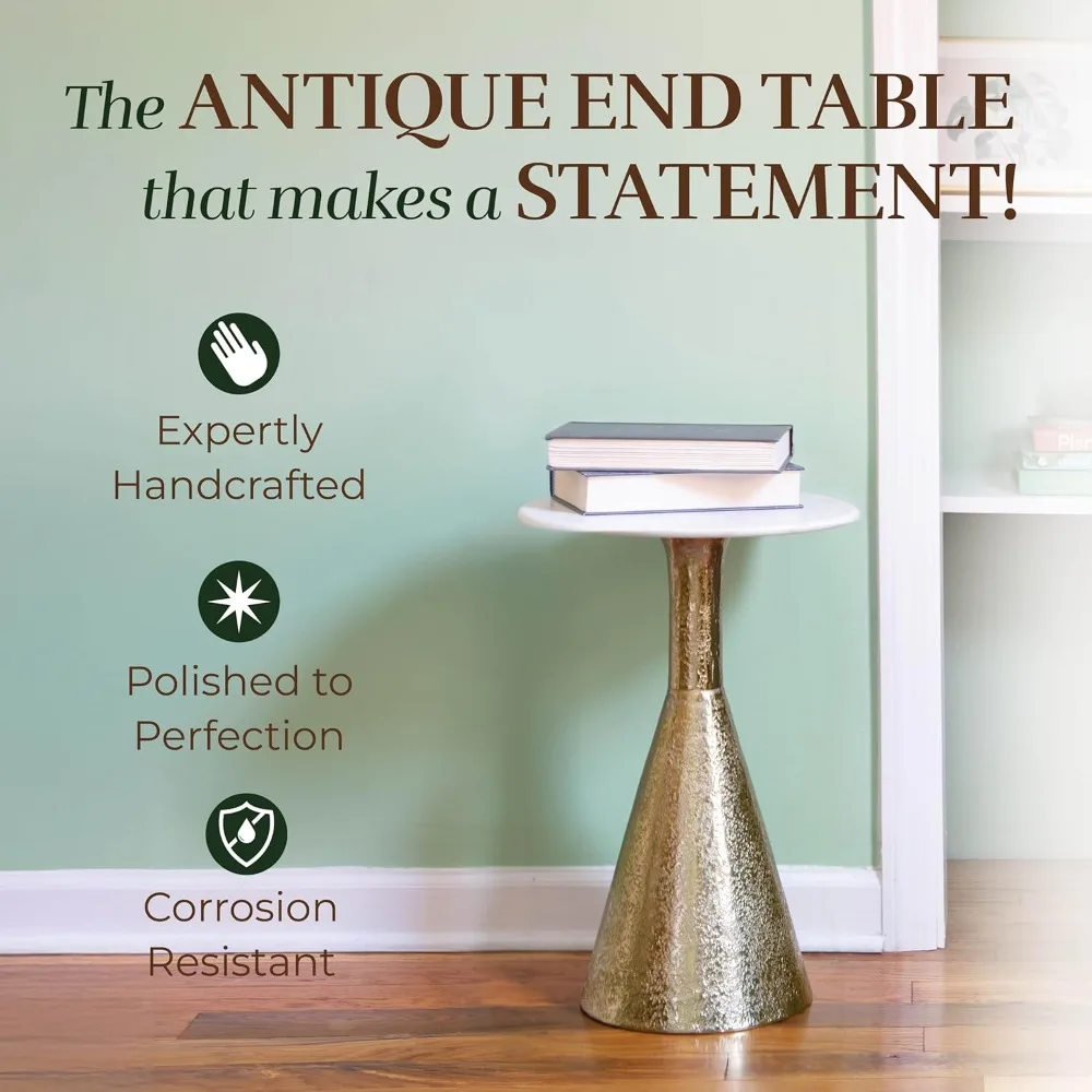 طاولة نهاية معدنية مستديرة صغيرة باللون الذهبي العتيق، طراز كوبنهاغن، 22 طويلًا، قاعدة بقاعدة، مثالية للجانب والكوكتيل وخدمة المشروبات