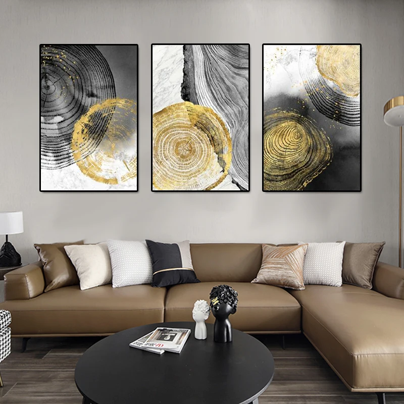 Black Gold Tree Rings Abstract Canvas Paintings Modern Luxury Splash Ink Marble Texture Wall Art Pictures for Living Room Decor