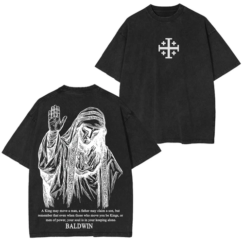 Imagen 1 del producto Camiseta King Baldwin IV para hombre, camiseta gráfica con cruz de Jerusalén del Reino de los Cielos, camiseta vintage de algodón lavado, estilo urbano oversize, top de hip hop