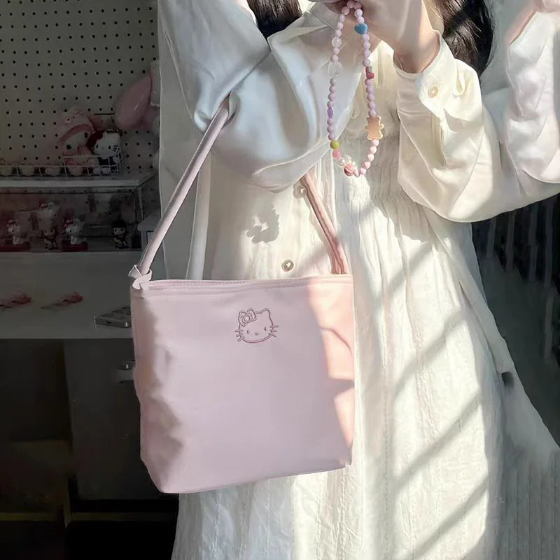 2024 New Hello Kitty Handbag Kawaii Anime PU Simple Commuting Single Shoulder Bag Cute Sweet Kitty Bucket Underarm Bag Girl Gift