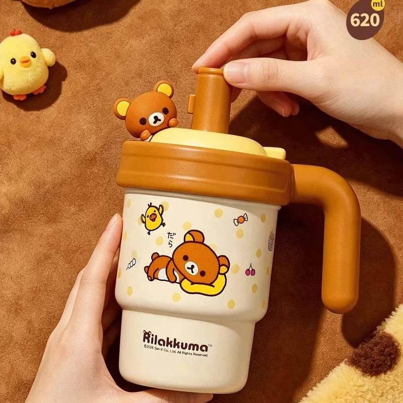 Kawaii Rilakkuma Ceramic Liner Insulated Water Bottle 620ml Large Capacity Sus316 Stainless Steel Cute Drinking Cup With Straw