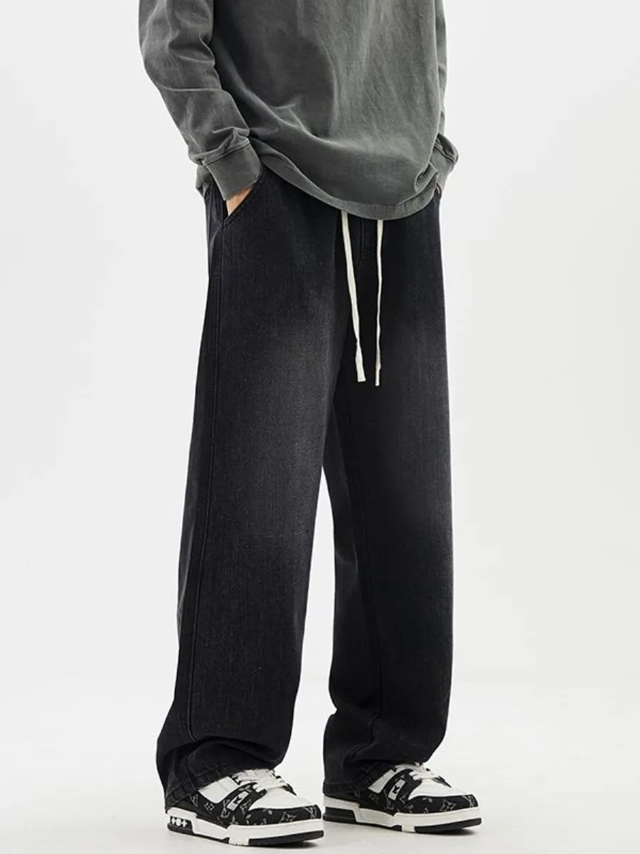 

Мужские уличные джинсы на подкладке с высокой талией, прямые брюки, свободный крой, повседневные зимние теплые брюки, удобные джинсы для повседневной носки