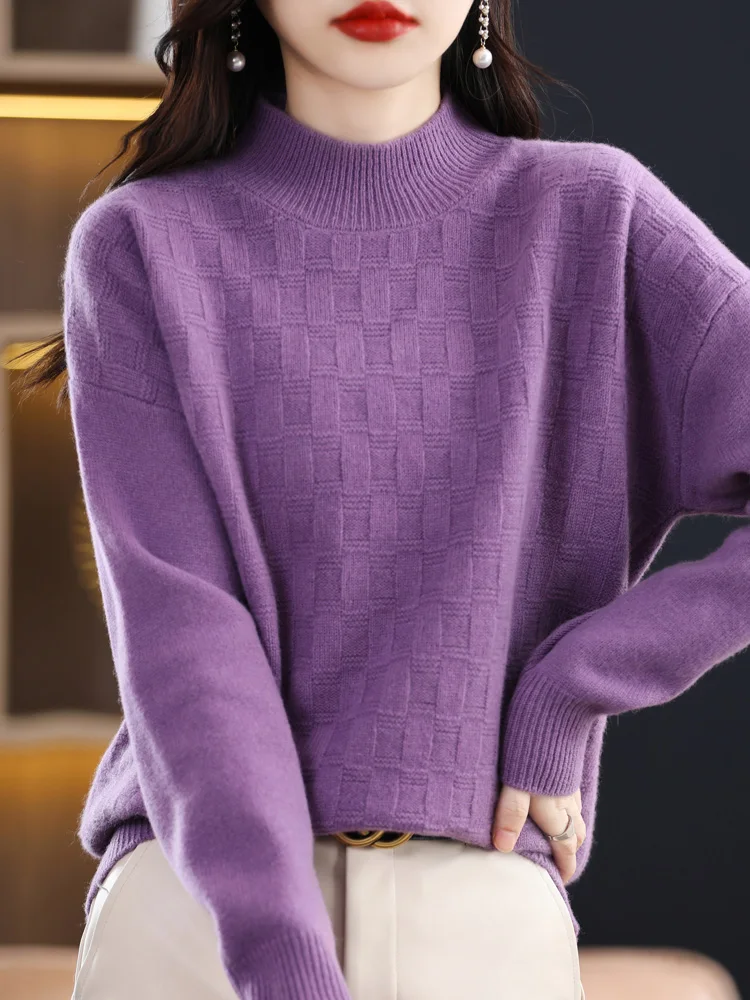 Addonee Autumn Winter Women Sweater 100% Merino Wool Long Sleeves Mock Neck Casual Warm Knitted Jumper Female Clothing Tops