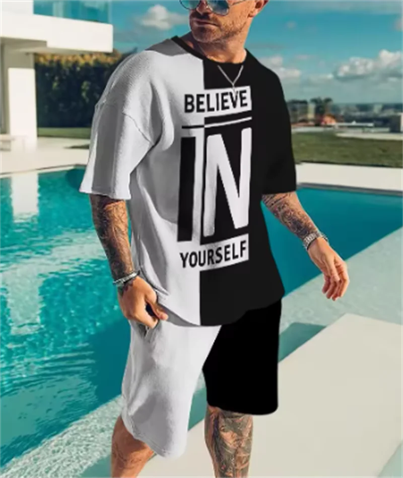 

2025 Summer New Men's Sports Suit Outdoor Sports Running Shorts Street Fashion Casual Loose and Comfortable 3D T-shirt Suit