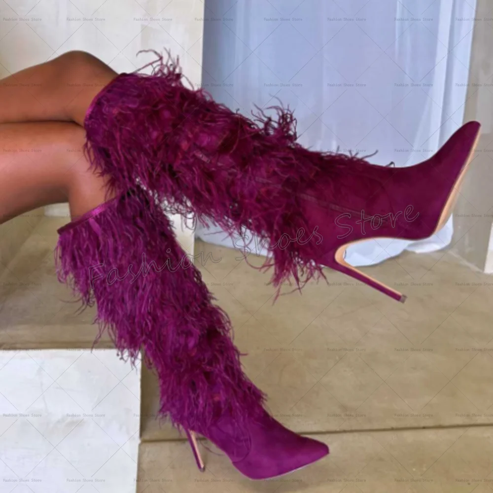 Roxo lado zíper pena decoração botas dedo do pé apontado sapatos femininos stilettos salto alto festa banquete namoro 2025 zapatos para mujere