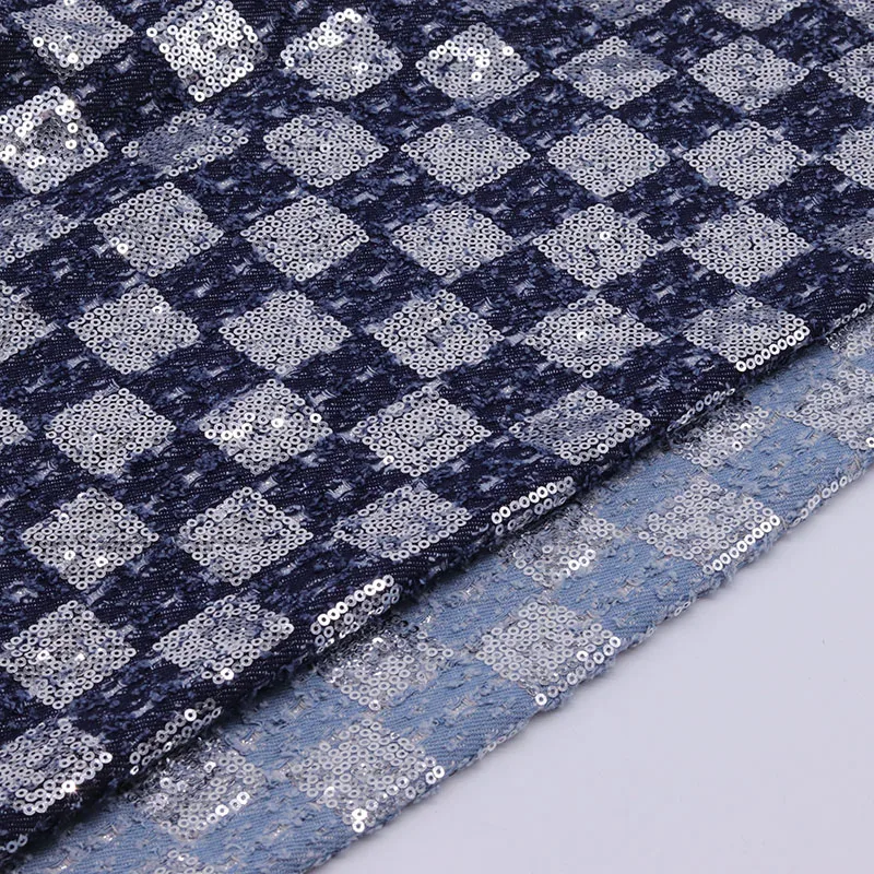 Glitzer Schachbrett Denim Stoff mit Pailletten bestickten Perlen gewaschen hochwertige Materialien für Kleid Rock Tasche Kleidungs stück DIY