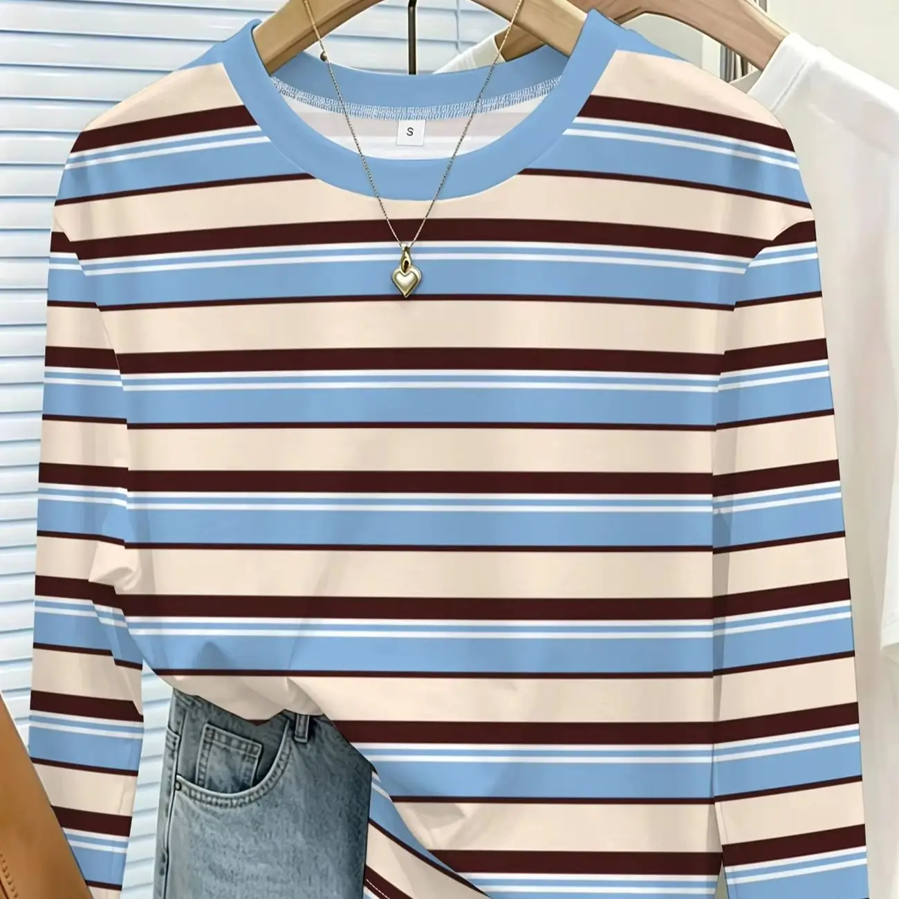 Frühlings- und Herbst-T-Shirt für Damen mit minimalistischem Streifenmuster, lässigem Rundhalsausschnitt, langen Ärmeln, in Übergrößen, im Retro-Amerikanischen Stil. – Detail 6