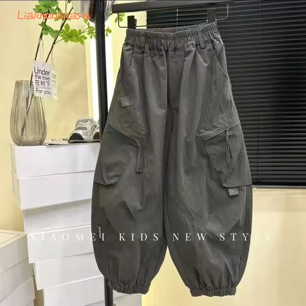 Korean Style 300g Super Soft Twill Cotton Cargo Pants Boys Girls Handsome Casual Long Trousers Multi Pocket Pants For 2-14Y Kids