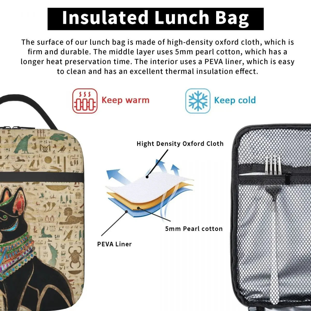 Sac à lunch isotherme thermique, chat égyptien, bastet, pharaon égyptien, ethnique, portable, boîte à bento, glacière, boîte à lunch thermique