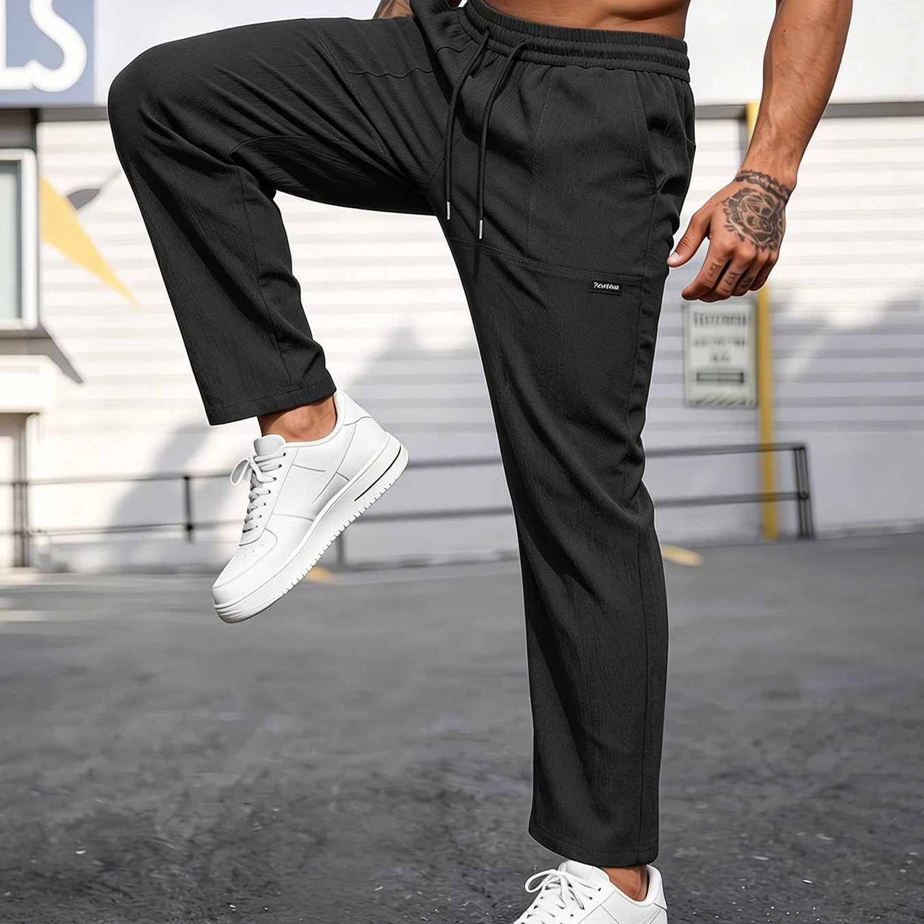 Men Straight-Leg Casual Pants Elastic Drawstring Waist Lightweight Loose Fit Trousers With Side Pockets Daily Streetwear