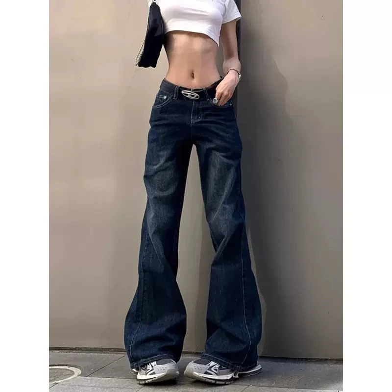 

America High Waist Blue High Streetwear American Casual Wide Leg Pants Women Jeans Plus Size Basic Baggy Retro Straight Trouser